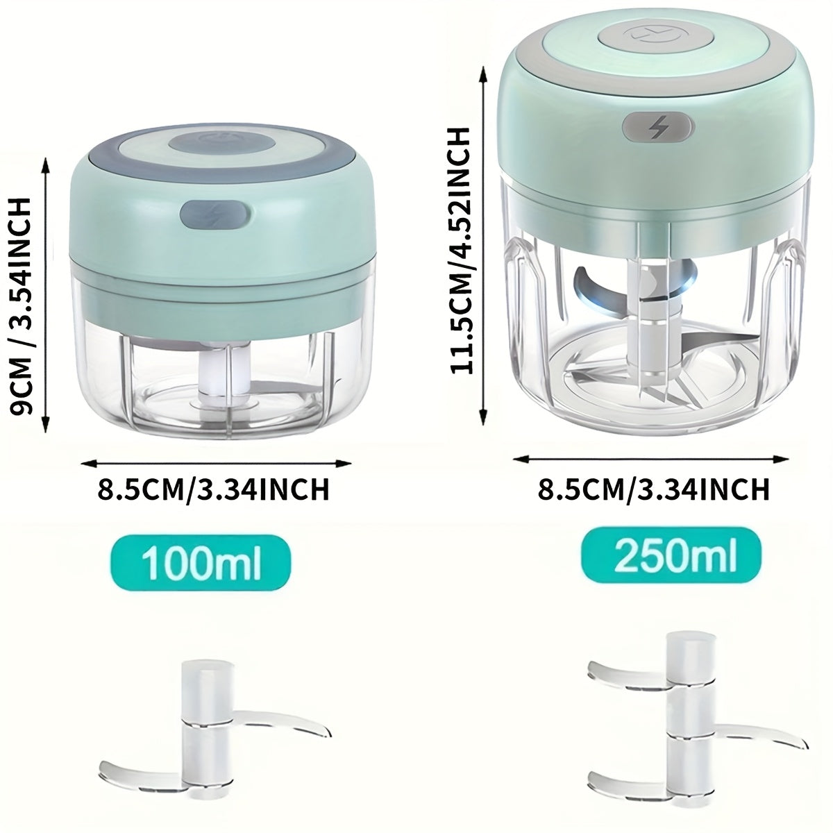 USB bilan qayta to'ldiriladigan Elektr garlic maydalagich va oziq-ovqat protsessori - 250ml zanglamaydigan po'latdan yasalgan blender, sarimsoq, piyoz, zanjabil, chili, meva va go'sht uchun, almashtiriladigan qo'shimchalar bilan, simsiz mini