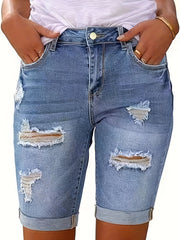 Plus-Size Women's Ripped Denim Shorts High Waist Light Blue Summer
