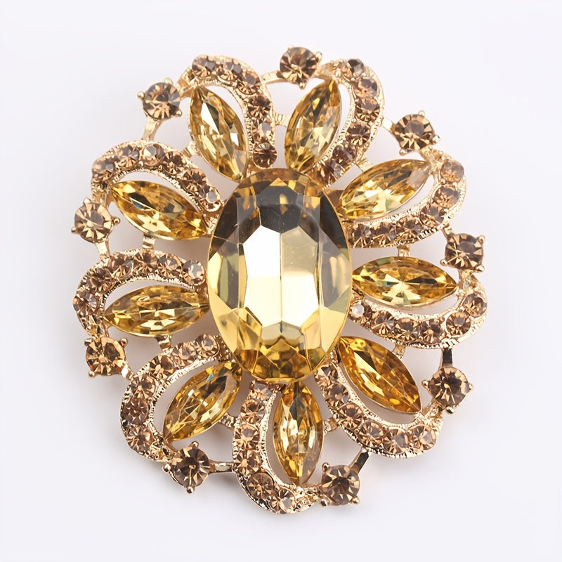 Women's Rhinestone Floral Brooch with Quadrilateral Gemstone Horse Eye Pin