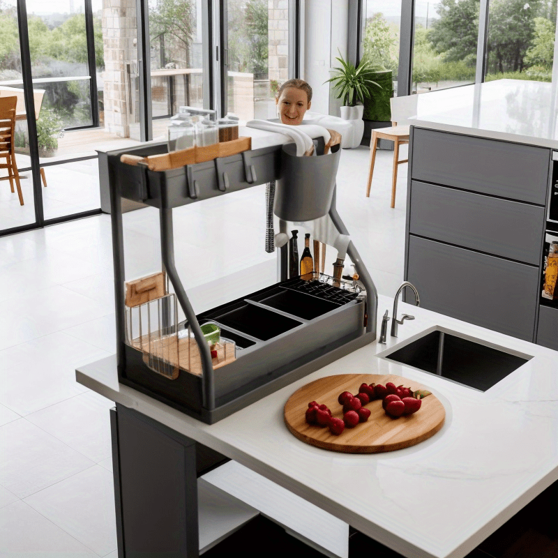 Moslashuvchan javonlar va idishlar uchun javon bilan stol usti va idishlar uchun tashkilotchi