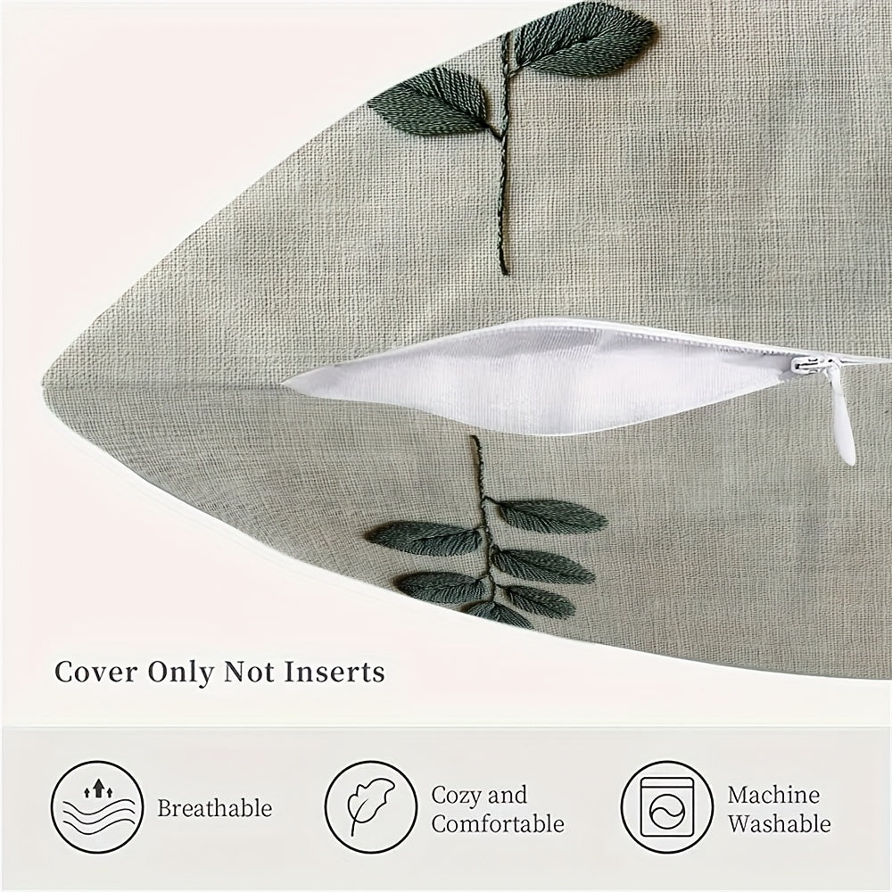 Embroidered Leaf Pattern Cushion Cover Soft Short Plush Polyester Square Zippered Decor