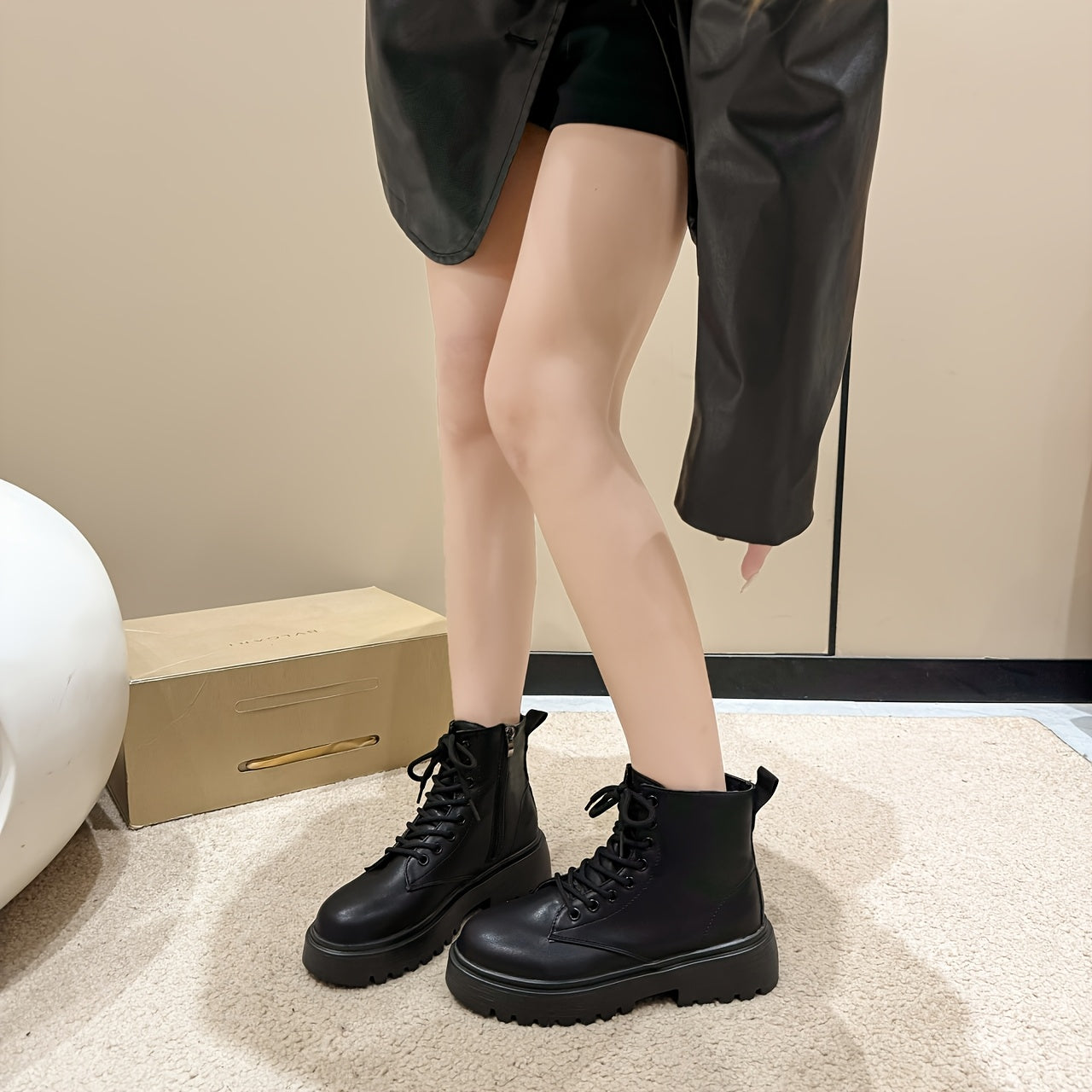 Women's Black Platform Ankle Boots with Zipper, Low Heel, All-Season