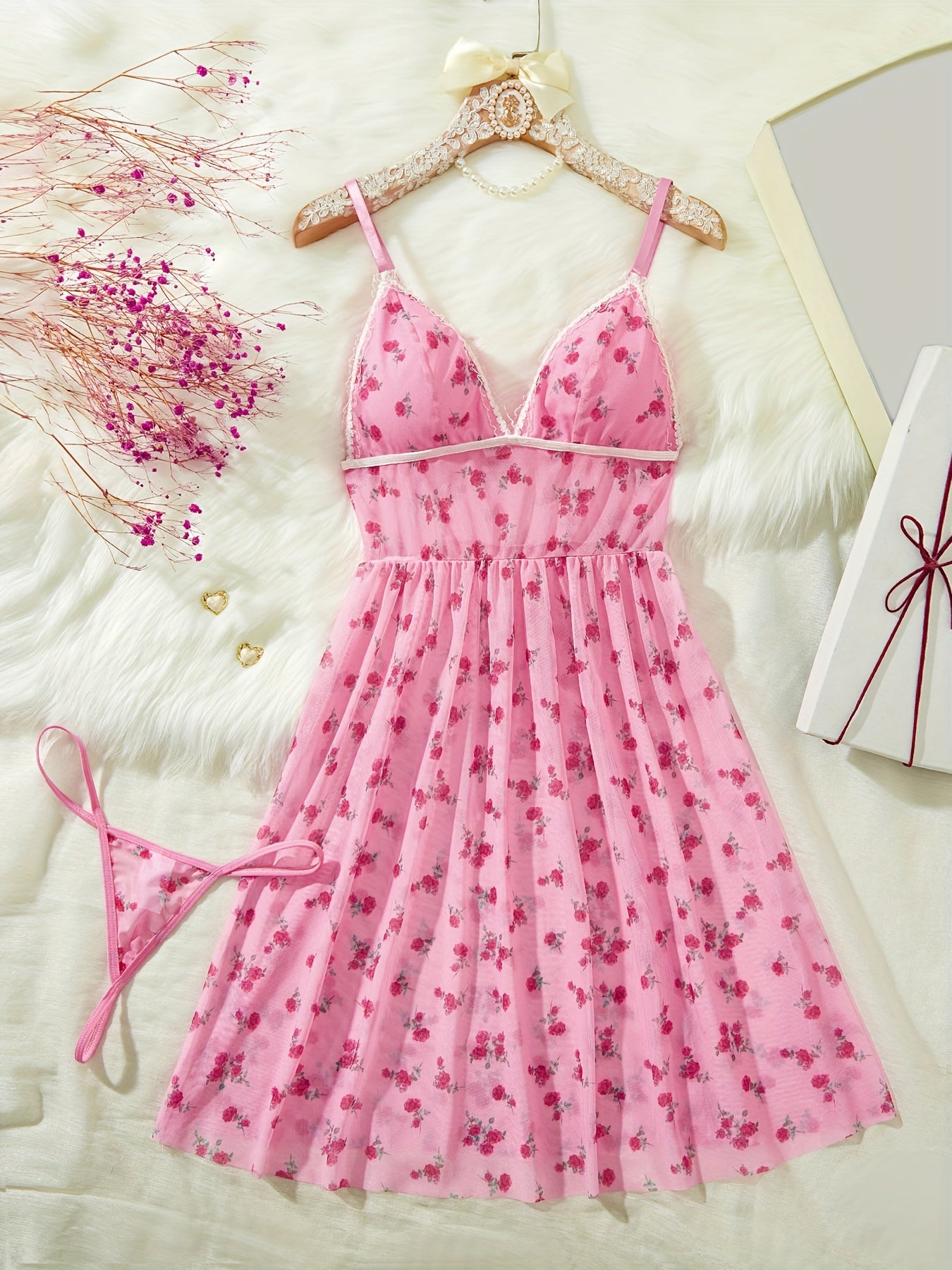 Women's Pajama Set Floral Print V-Neck Slip Dress Thong Polyester Blend Lounge