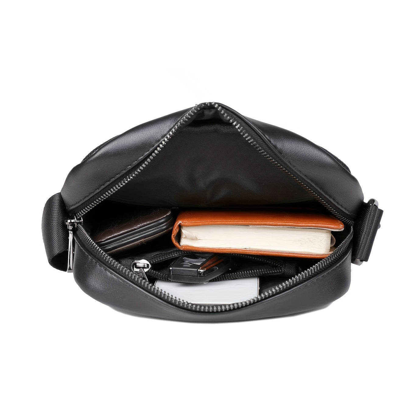 Men's Black Crossbody Bag with Adjustable Strap and Lychee Texture for Travel and Casual Use