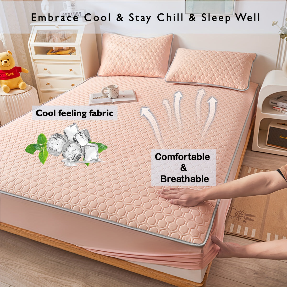 Наматрасник Latex Cool с дизайном "Ледяное ощущение", однотонный, машинная стирка, толстая стеганая нить. Подходит для спален, студенческих общежитий, отелей. Наволочки не включены.