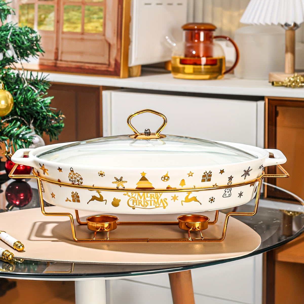 Керамическая рождественская кастрюля с крышкой и железной подставкой - Идеально подходит для приготовления супов, рагу и запеканок на кухне