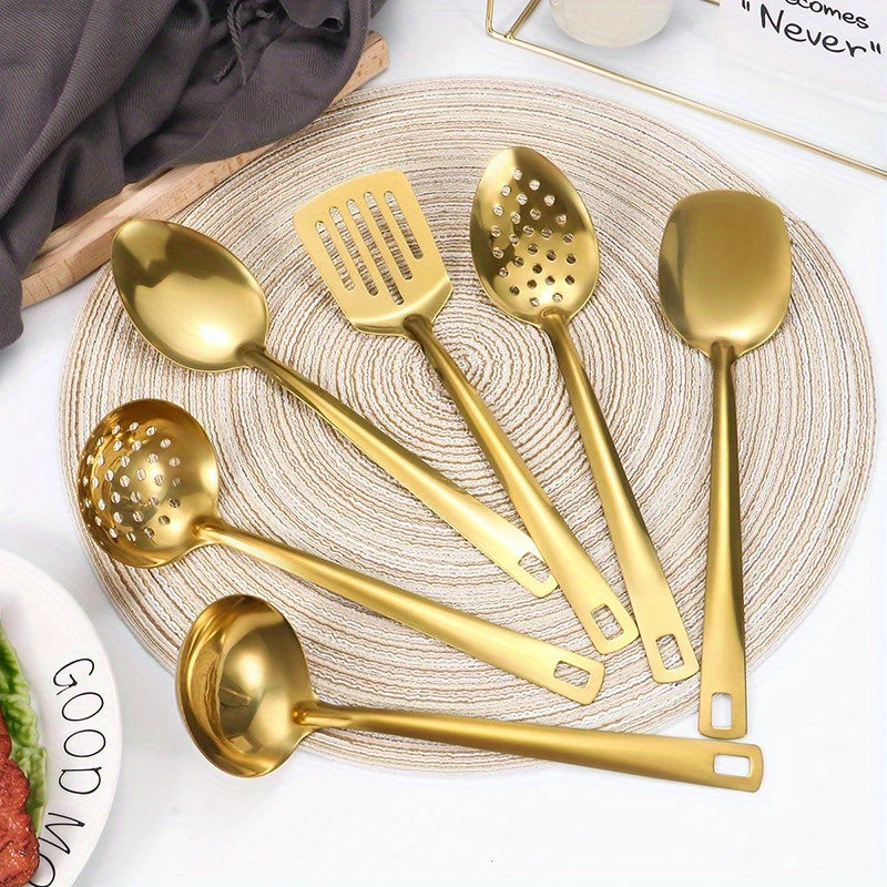 Juego de utensilios de cocina de acero inoxidable chapado en oro de 6 piezas con cuchara sopera, colador y pala para freír