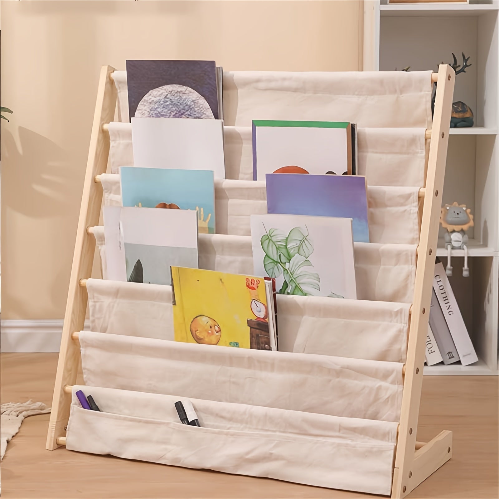 Wood Bookshelf with Fabric Pockets and Rounded Edges for Kids Storage
