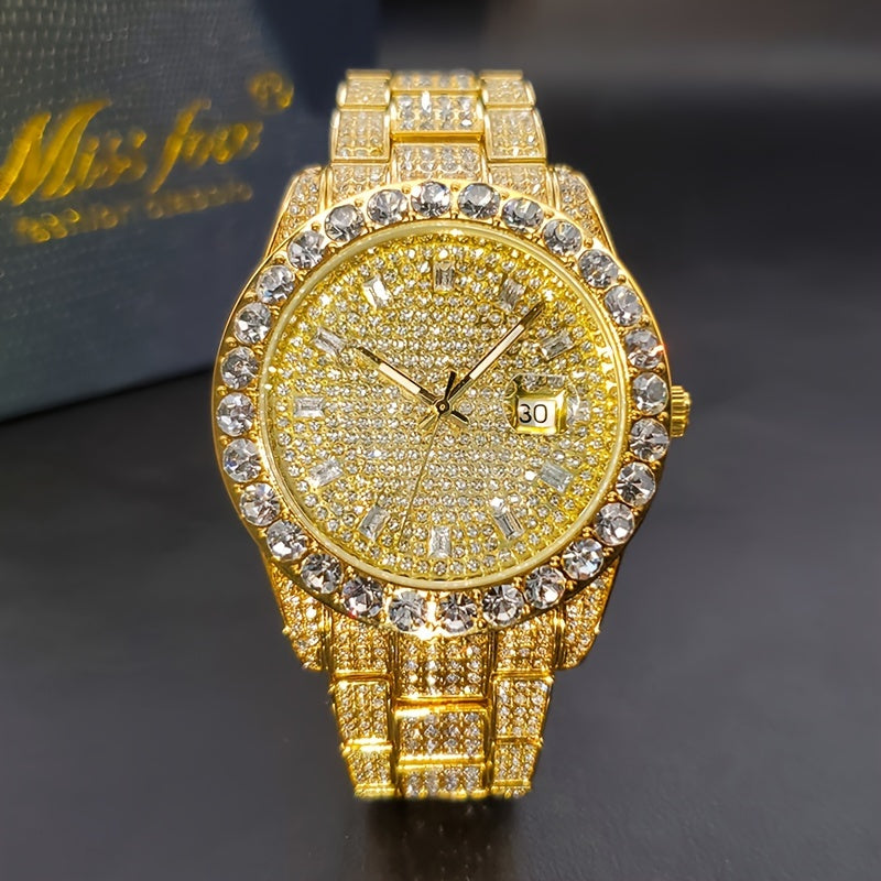 Men's Luxury Watch with Luminous Hands, Large Diamond, Quartz Movement, Alloy Case and Band