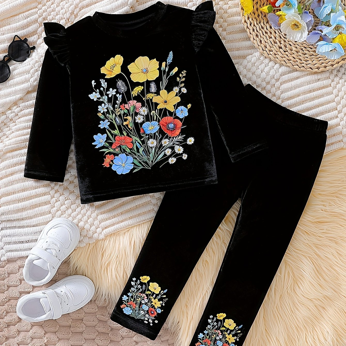 Conjunto de blusa y pantalones con estampado floral para niñas para ropa casual de primavera y verano