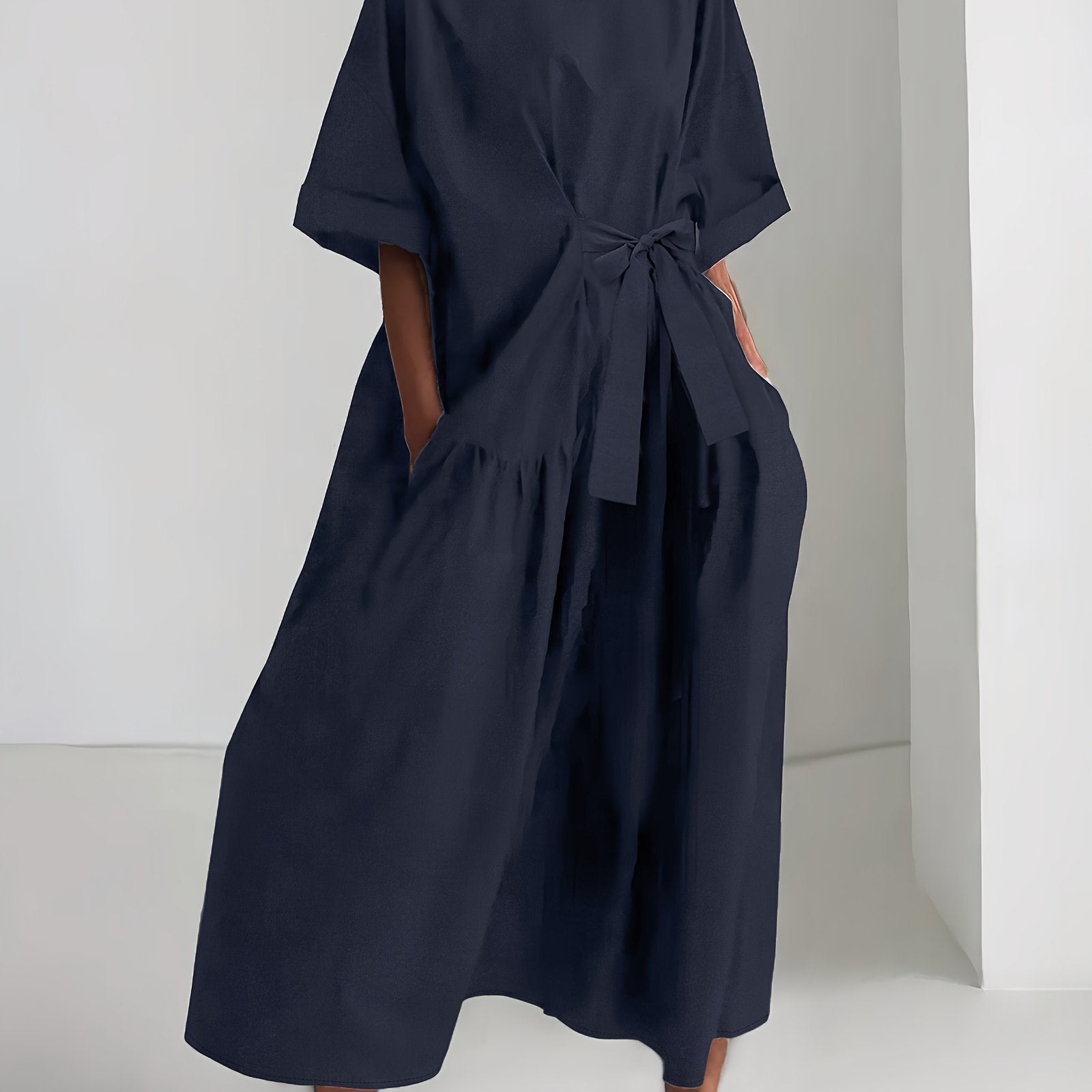 Women's Sleeveless Navy Blue Tunic Dress for Casual Spring and Fall Non-Stretch Polyester