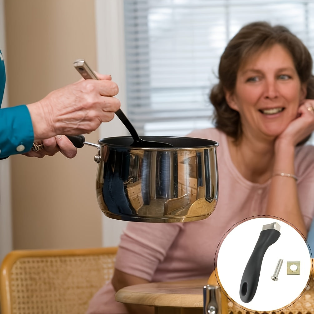 Замените ручку вашей кухонной посуды на универсальную противоожоговую ручку и винты.