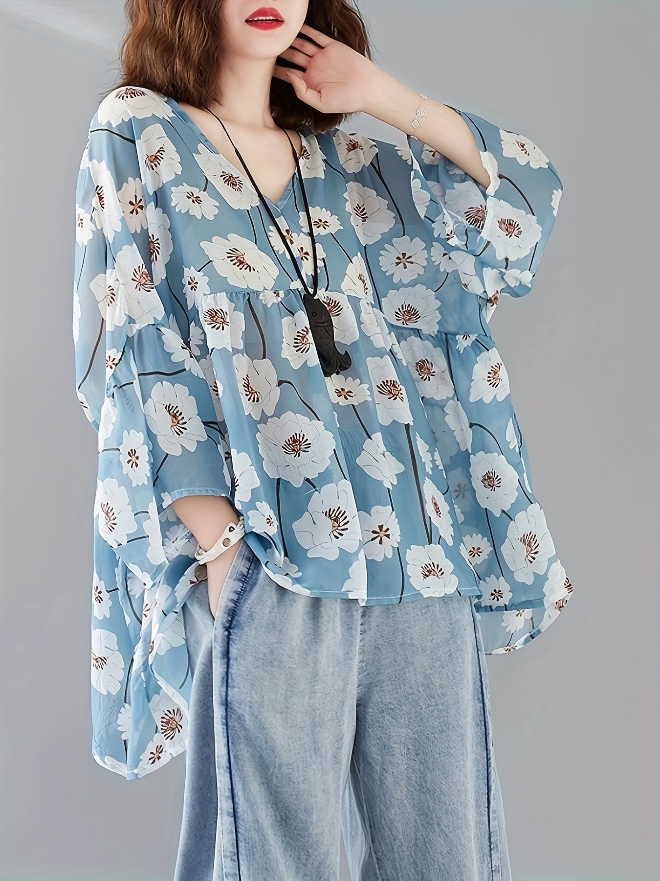 Plus Size Women's Floral Print Chiffon V-Neck T-Shirt Summer Top