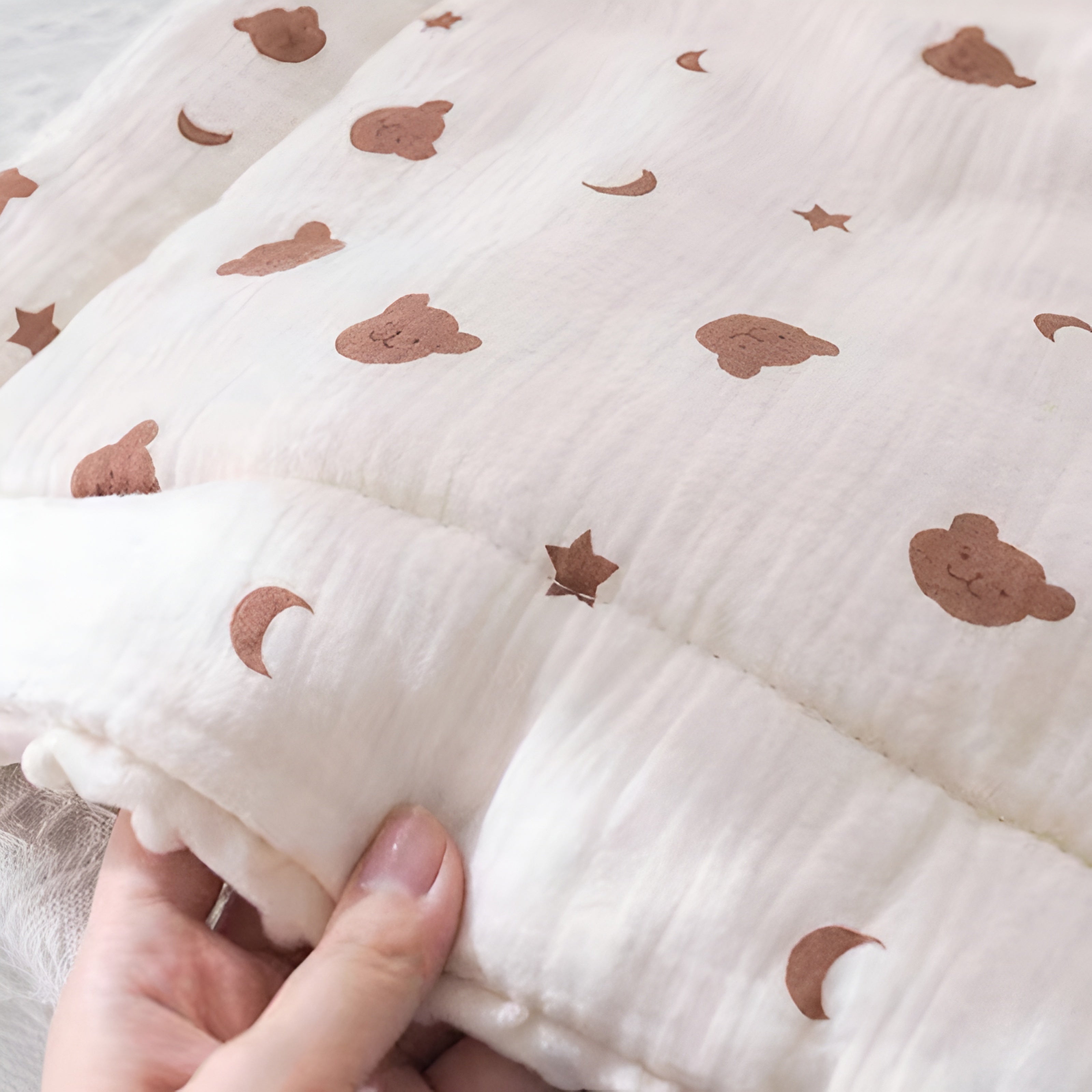 Double-Sided Cotton Baby Stroller Mat Beige with Moon Bear Design Soft Washable