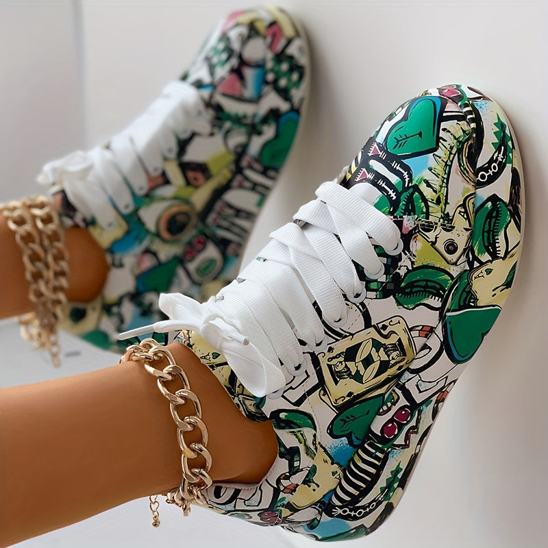 Women's Graffiti Print Sports Shoes, Lace-Up Low Top Platform Sneakers