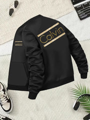 Women's Plus Size Black Jacket with Gold Lettering Baseball Collar Zip Up Outerwear