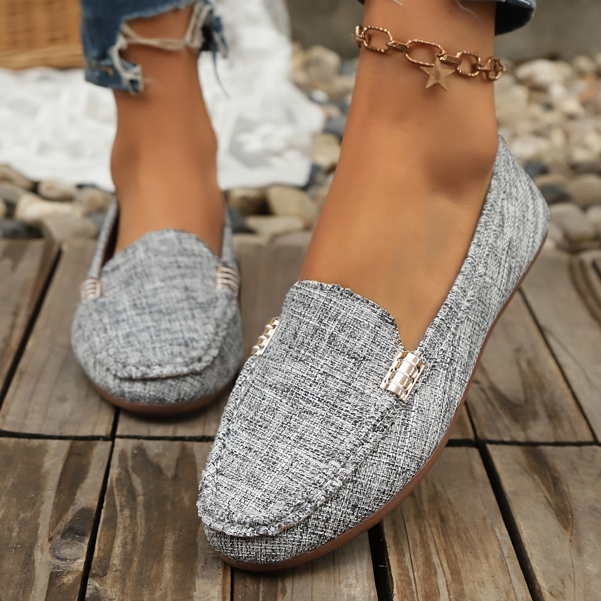 Women's Slip-On Flats Casual Striped Breathable Fabric Summer Shoes