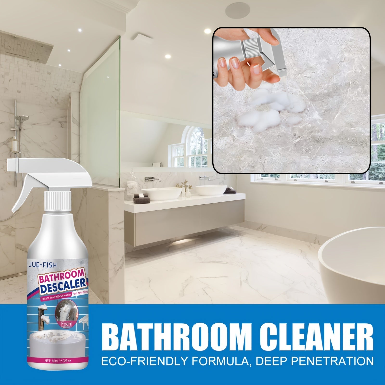 JUE-FISH Foam Bathroom Descaler Spray yordamida hammomingizni porloq toza saqlang! Ushbu maxsus formula metall yuzalarda qoldiqsiz tugatish uchun Citral Ingredientni o'z ichiga oladi. Dush shishasi, zanglamaydigan po'lat lavabolar va