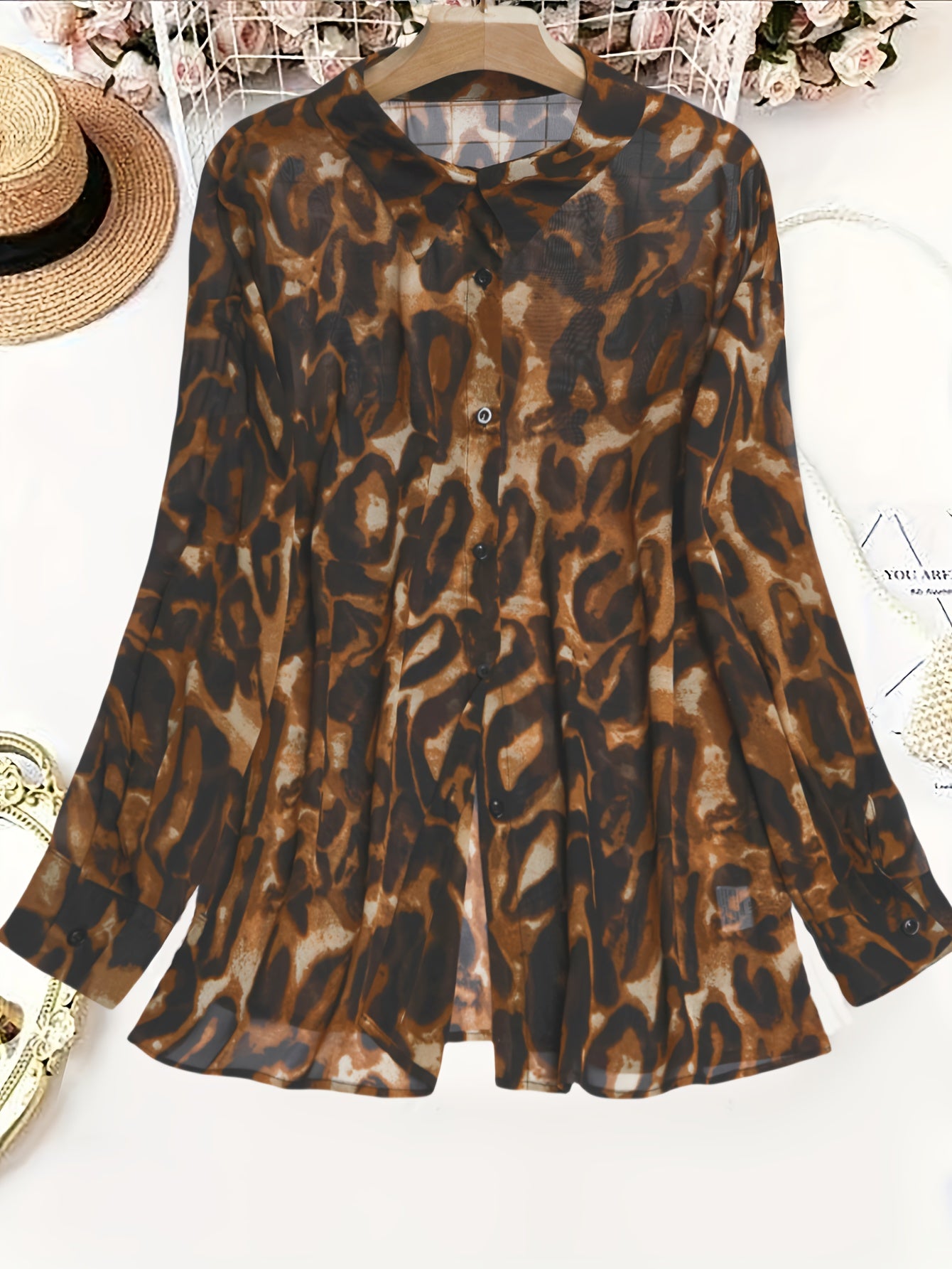 Plus Size Floral Printed Shirt for Women with Long Sleeves and Lapel Collar