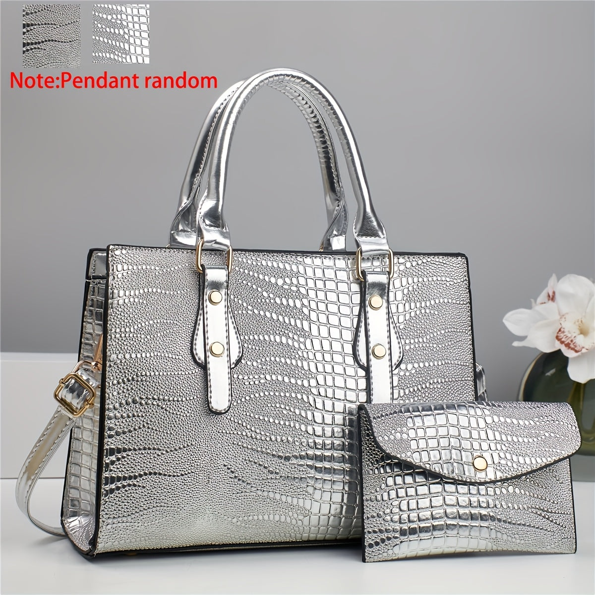 Ayollar uchun 2 ta krokodil naqshidagi sumka to'plami, yuqori sifatli kumush hamyon va rivet bezakli porloq charm to'plam sumkasi bilan birga. 14-fevral kuni sovg'a, ish va dam olish uchun mukammal.