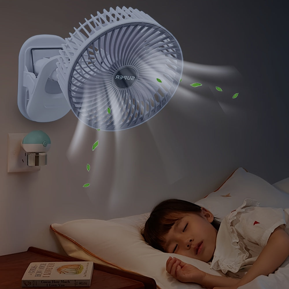 Portable clip-on fan 800mAh battery USB rechargeable 3 speeds quiet ventilation
