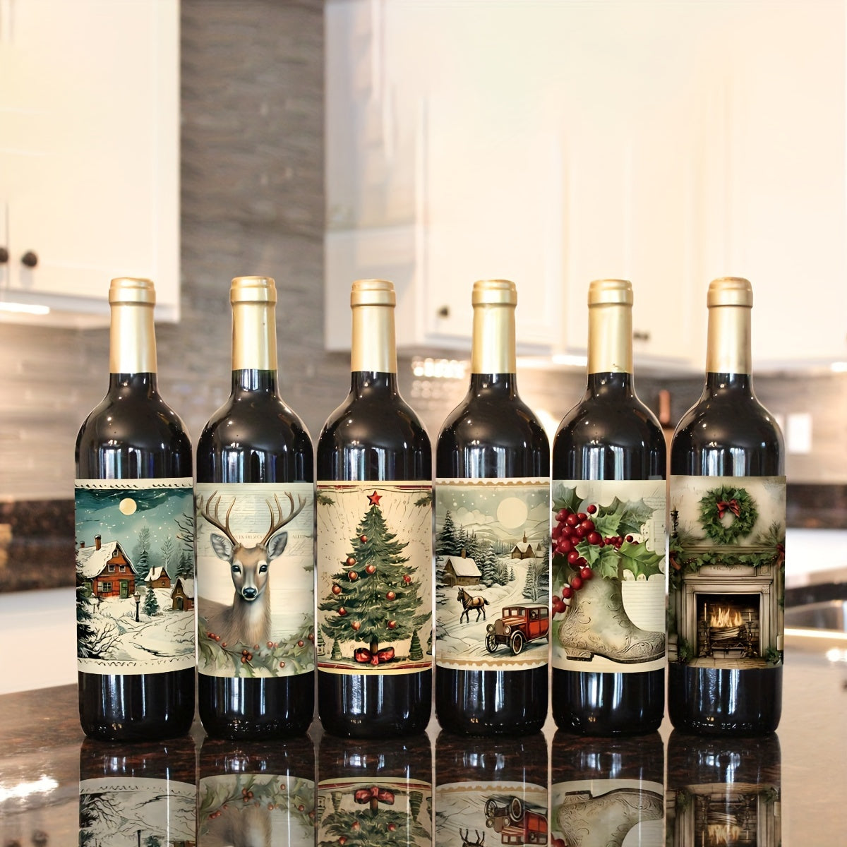 Set of 9 Funny Christmas Wine Bottle Labels with Vintage Santa Elk and Bell Designs