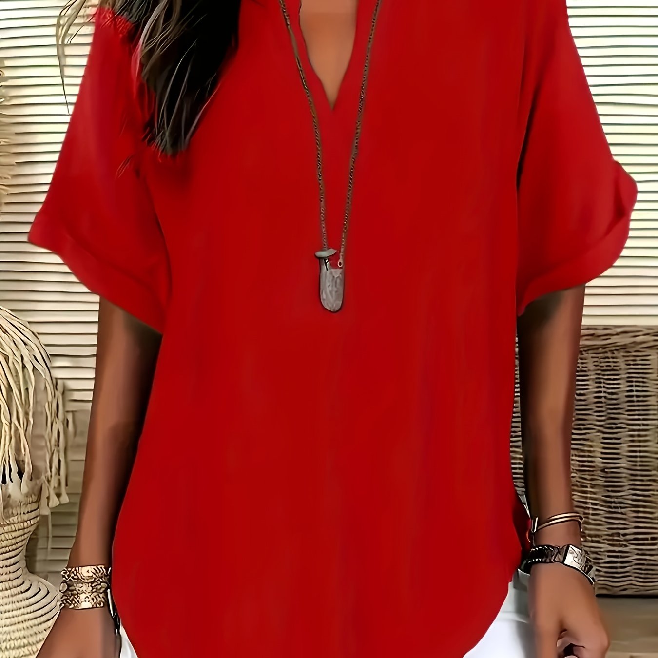 Plus Size Women's V-Neck Short Sleeve Blouse Light Gray Casual Summer Relaxed Fit