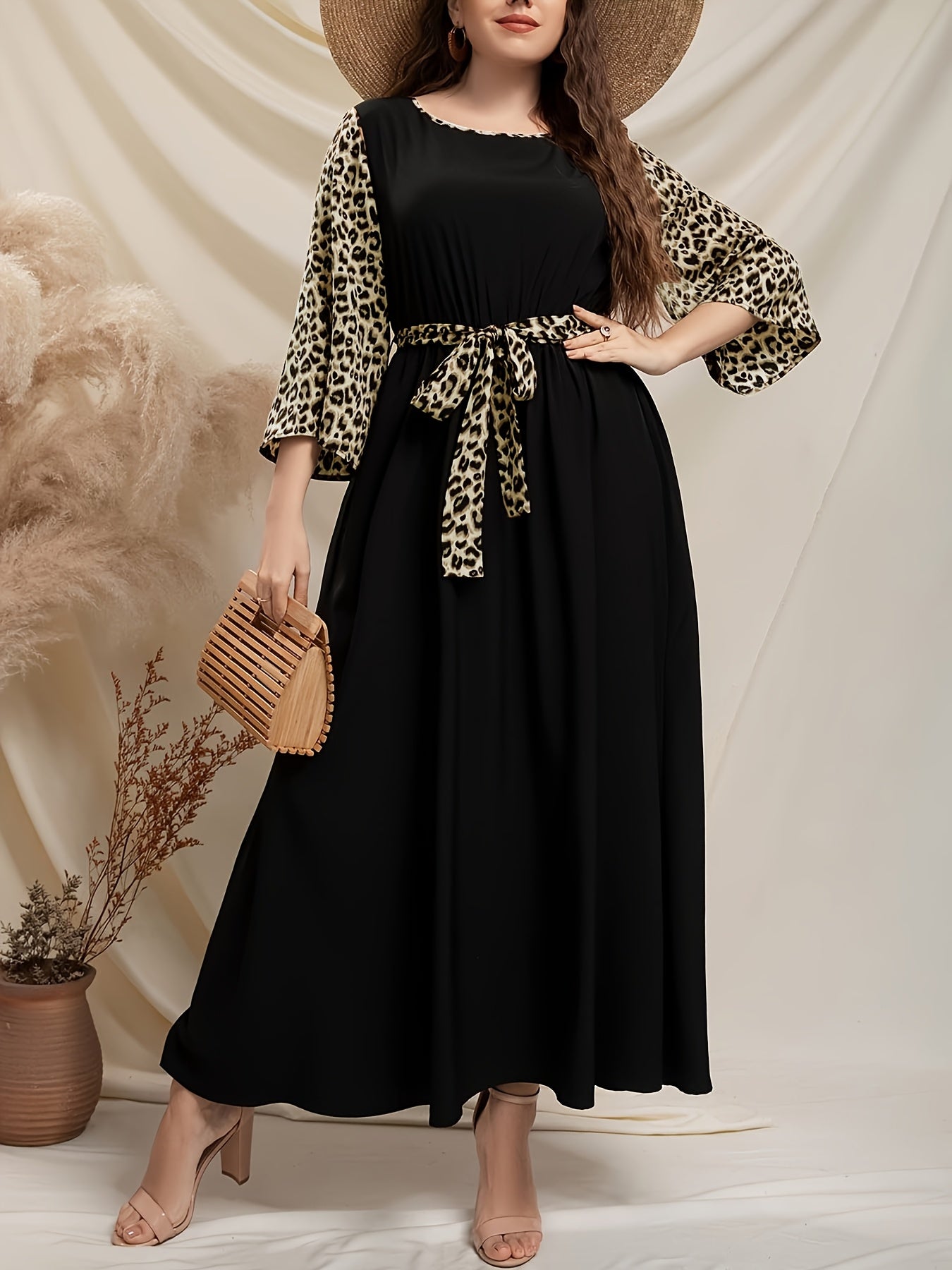 Women's Leopard Print Midi Dress with Lace-Up Detail and Flared Hem