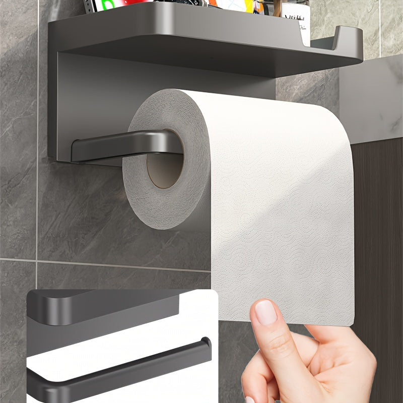 Portarrollos de papel higiénico de pared negro con estante para teléfono, instalación sin taladro