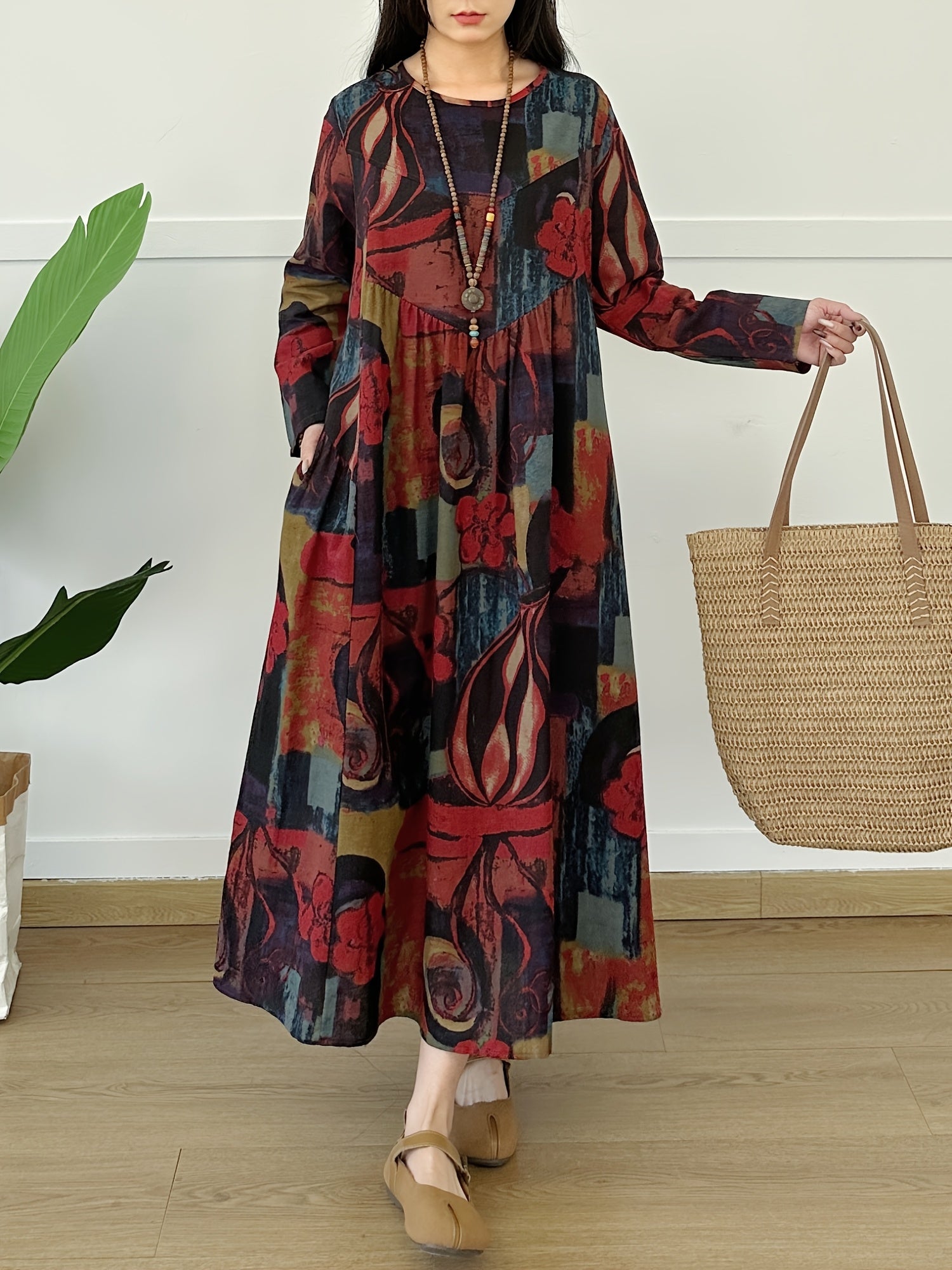 Women's Linen Tie-Dye Long Sleeve Dress Casual Spring Summer Fall