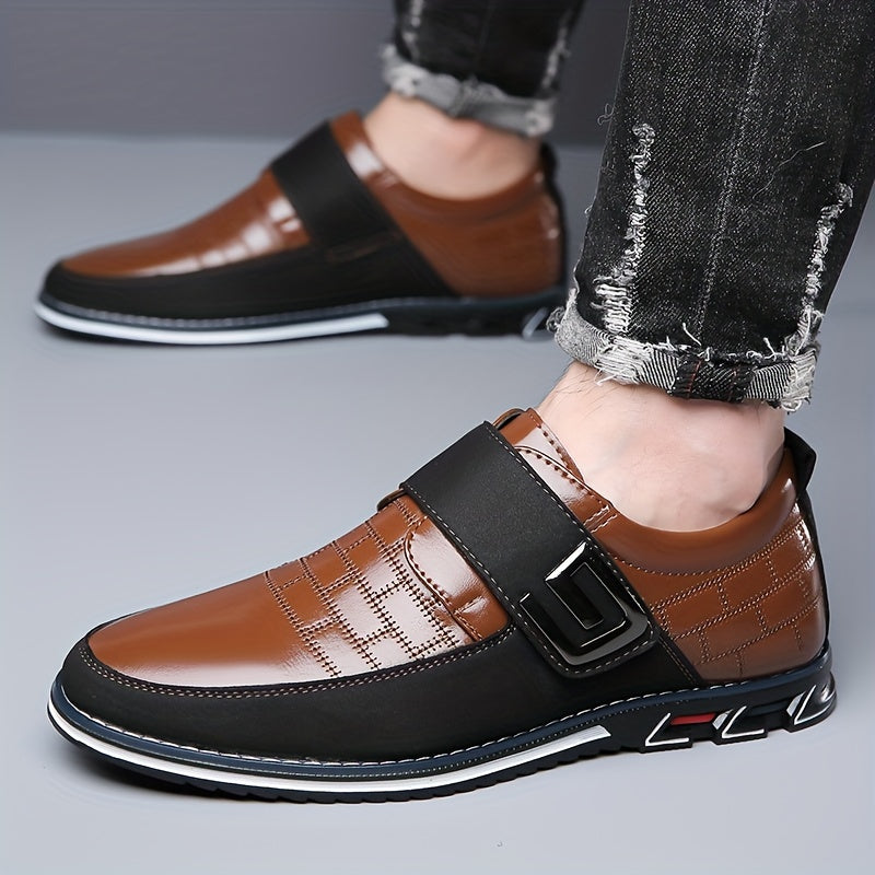 Men's Leather Loafers Casual Dress Shoes with Hook and Loop Fastener for Office and Casual Wear
