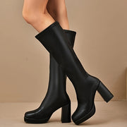Women's Vintage-Style Knee-High Boots Black Soft Square Toe Block Heel
