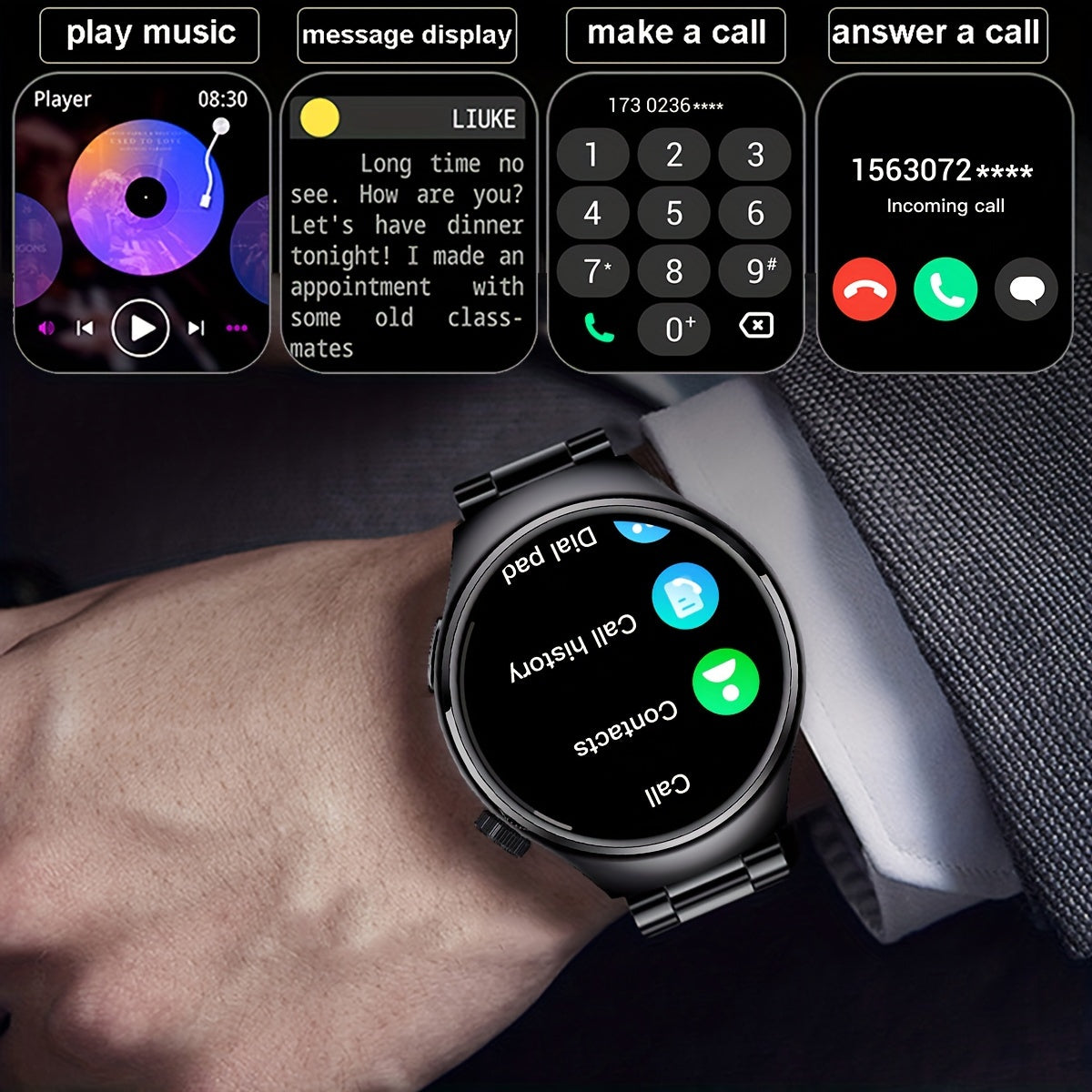 Men's Smartwatch 1.39-Inch Full Touch Display Stainless Steel Strap Water-Resistant IP68