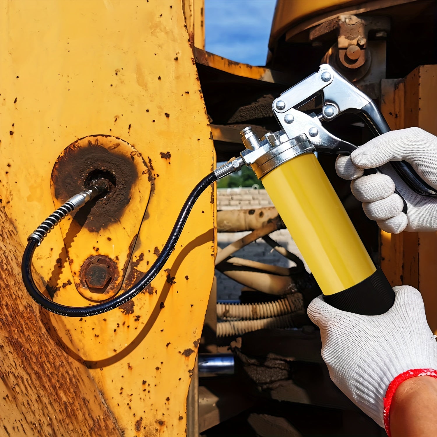 8000 PSI Pistol Grip Oil Gun Kit 14 oz yuk bilan, 45.72 sm shlang, 2 ulanish, 2 kengaytma quvurlari va 1 o'tkir nozzle bilan.