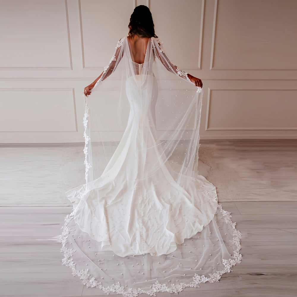 Lace Bridal Shawl Cape with Faux Pearl Decoration for Wedding Brides