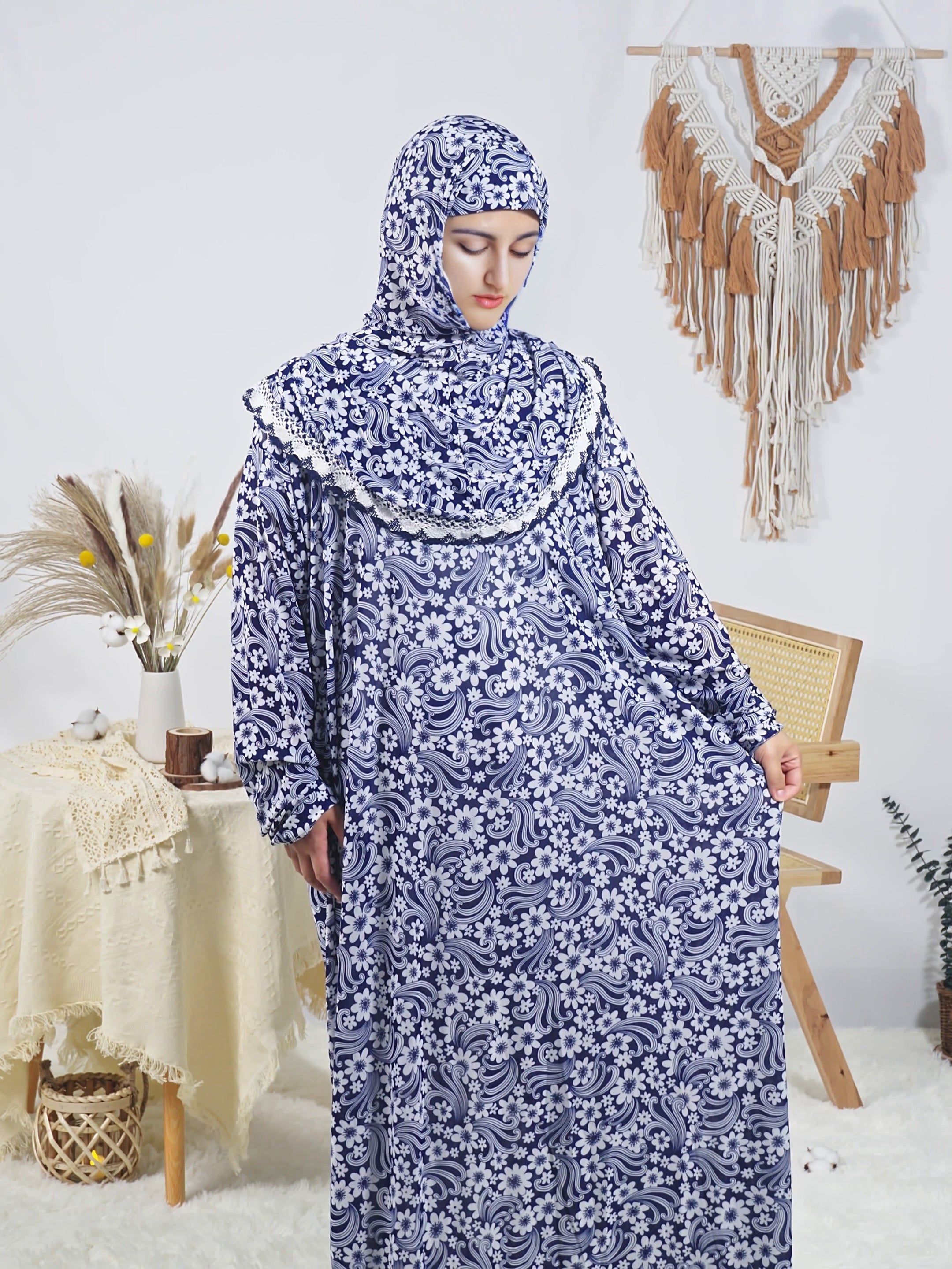Women's Long Floral Print Loose Fit Robe Polyester Elastane Machine Washable for Ramadan