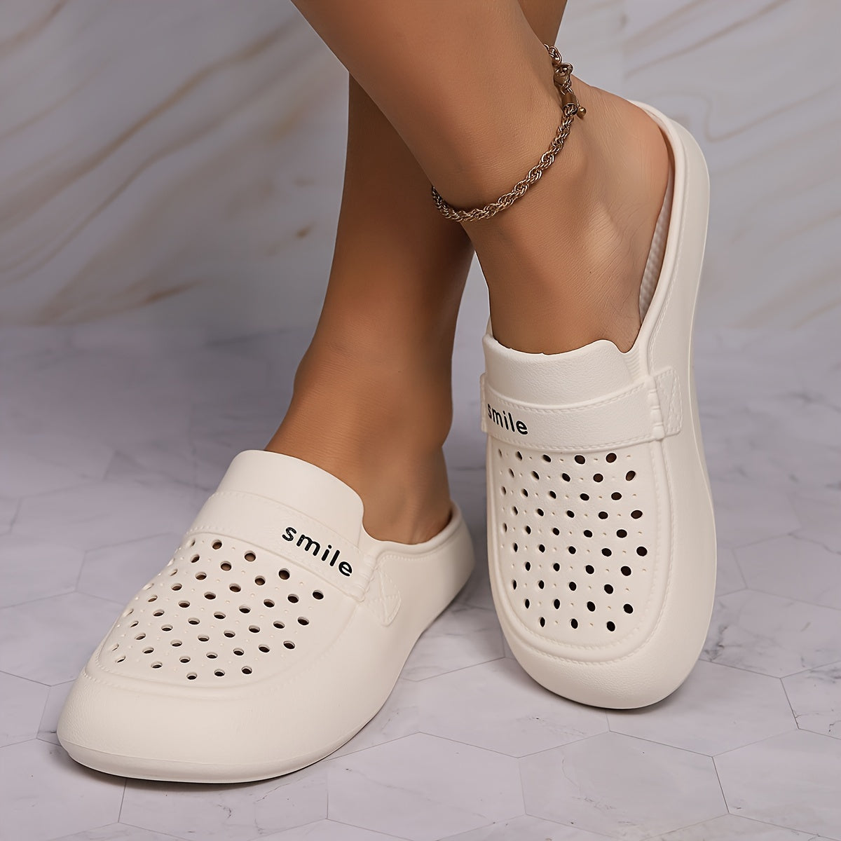 Women's Black EVA Mules with Smile Print Flat Casual Footwear