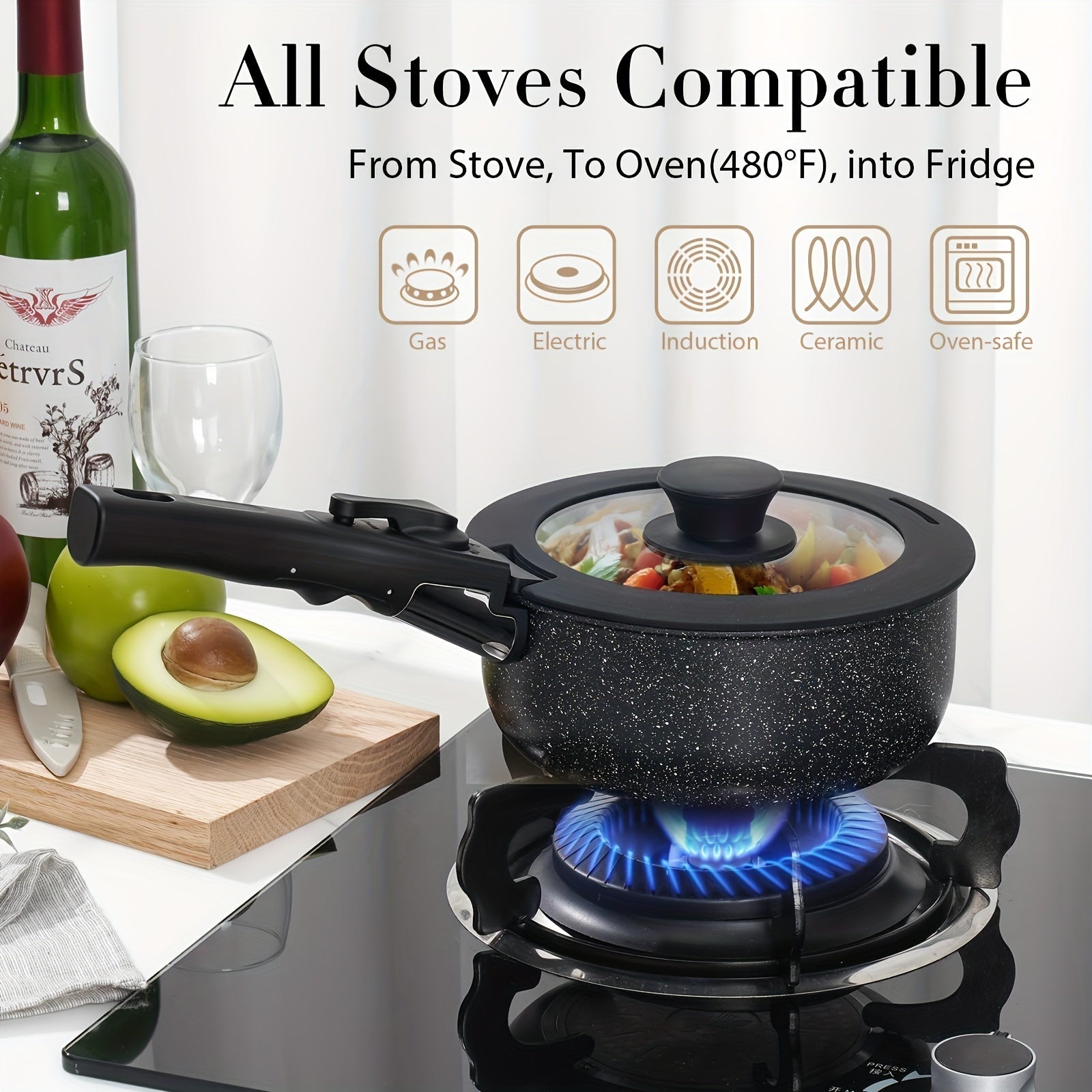 Juego de utensilios de cocina de aluminio antiadherente de 5 piezas con mangos removibles para todo tipo de cocinas