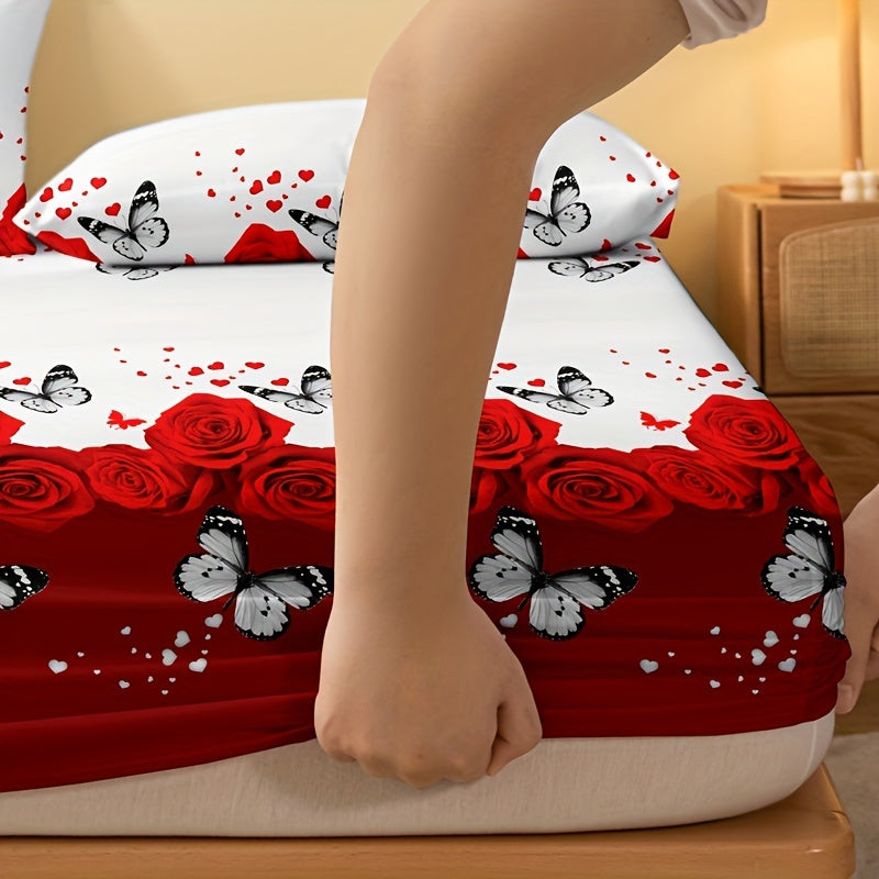 Red Rose Print Fitted Sheet Deep Pocket Mattress Protector Bedding