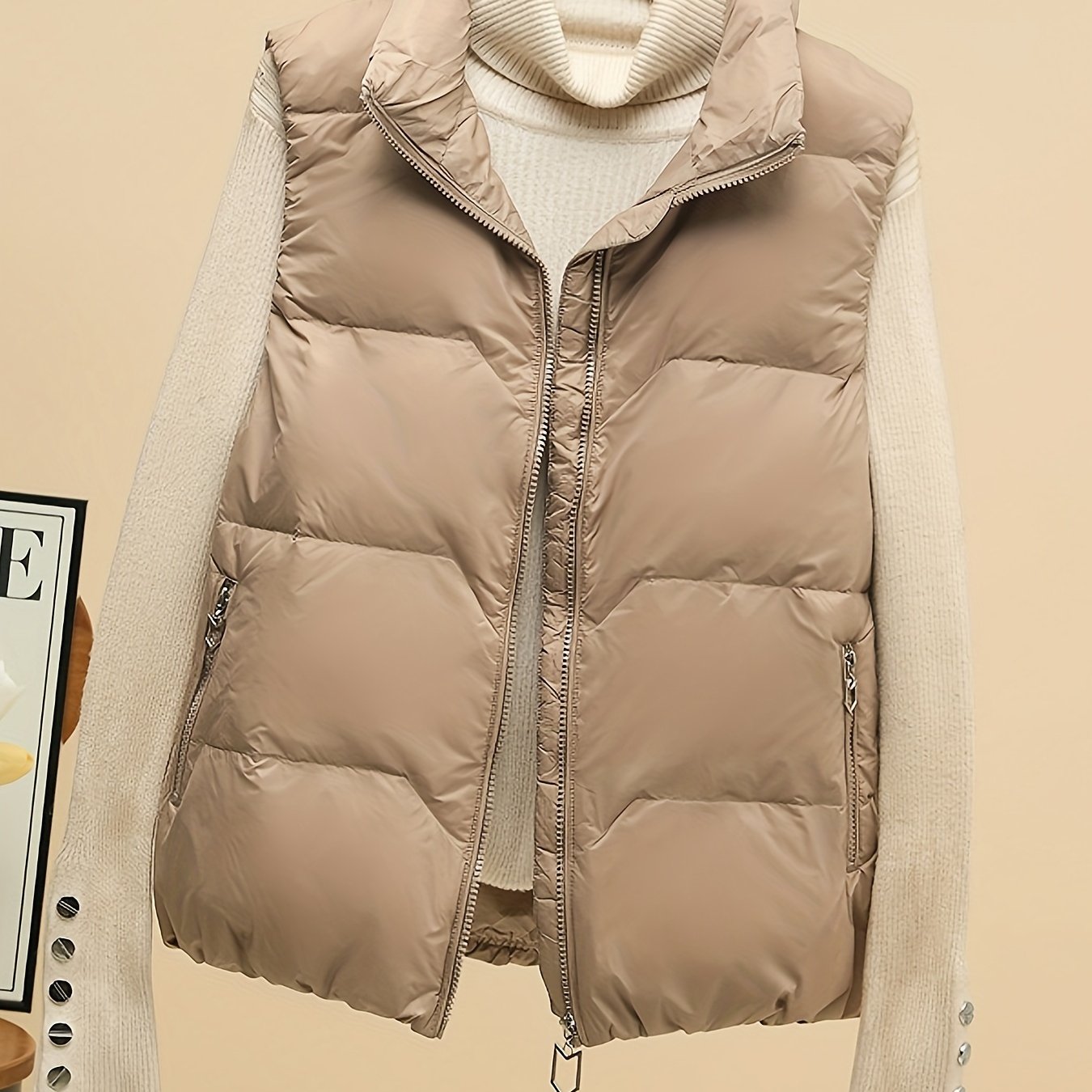 Women's Sleeveless Beige Puffer Vest with Side Pockets and Zipper for Fall Winter