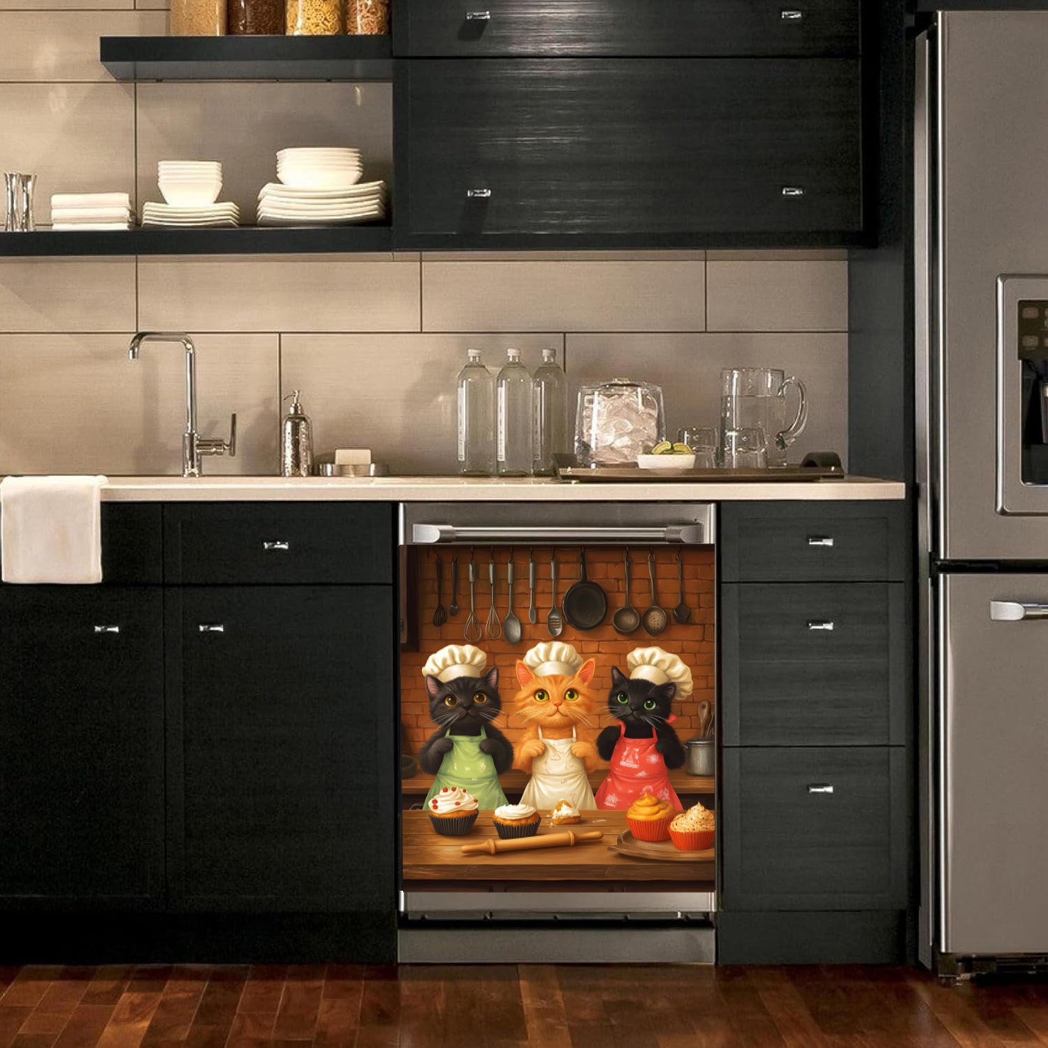 2D Flat Cat Pattern Dishwasher Door Decoration Kit Waterproof Soft Easy Install