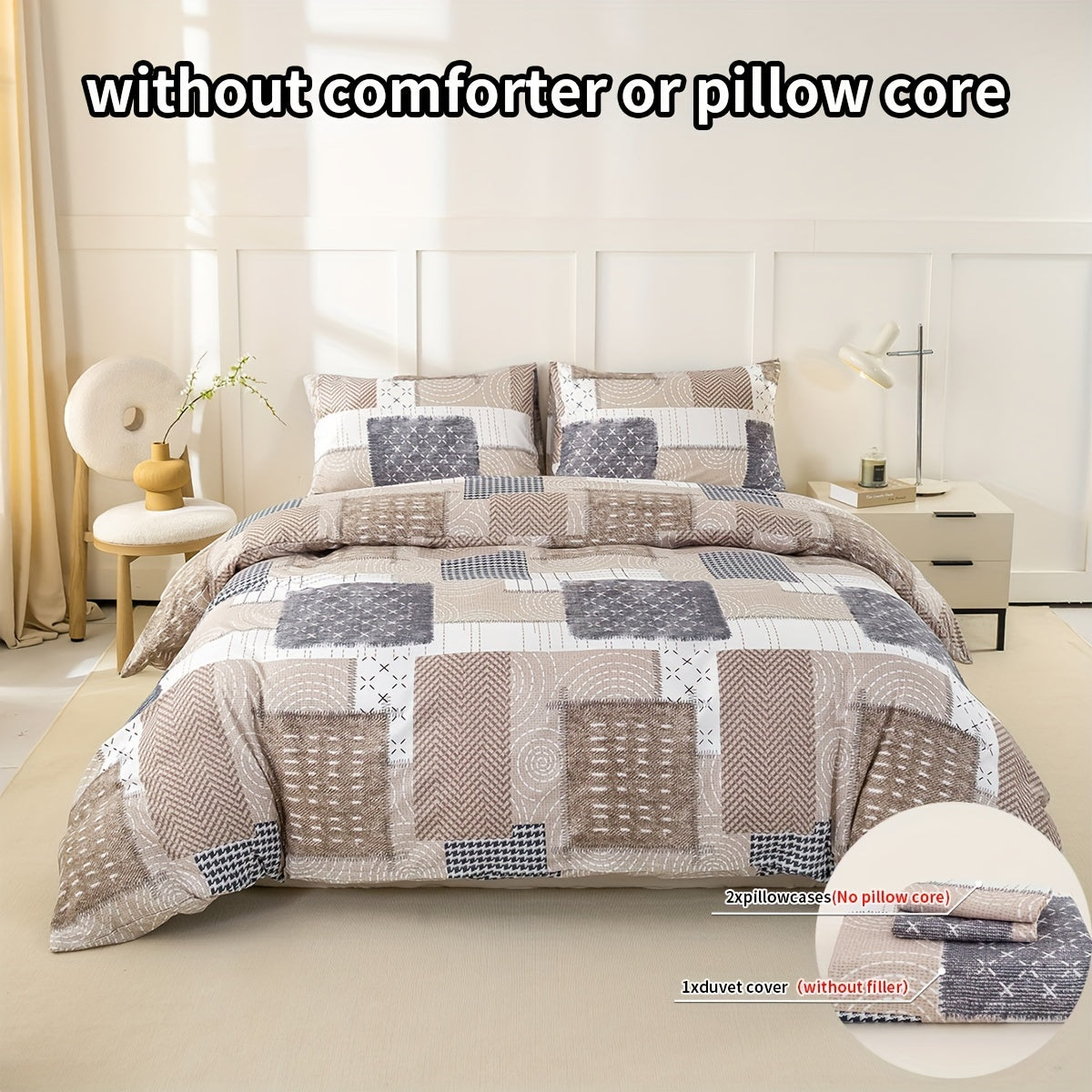 Full Size Cozy Duvet Cover Set with Patchwork Design and Zipper Closure Includes 1 Duvet Cover and 2 Pillowcases