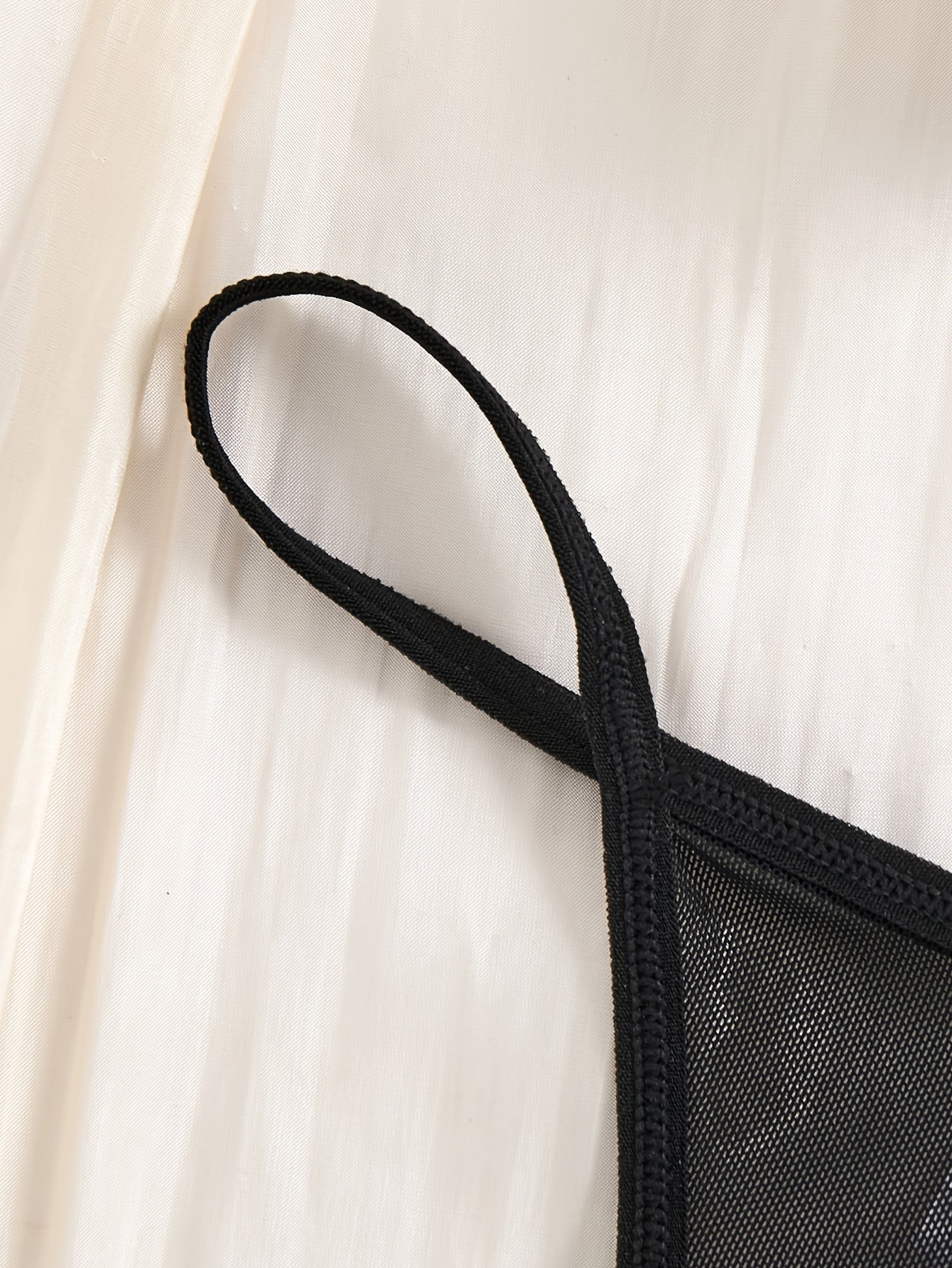 Black Lace Mesh Camisole Sleepwear Set with Deep V Back and Thong Panty