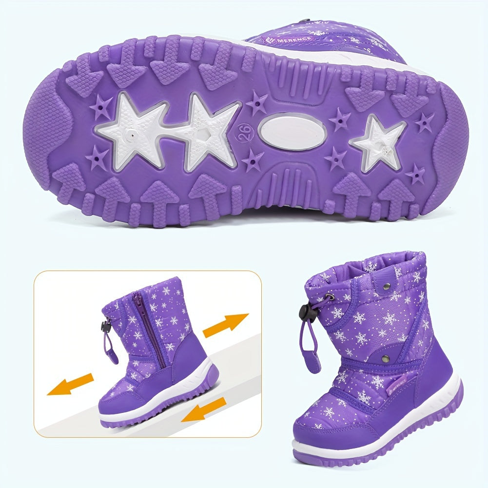 Kids Winter Snow Boots for Boys and Girls with Fur Lining Non-Slip TPR Sole Hook-and-Loop Closure in Blue Purple Red