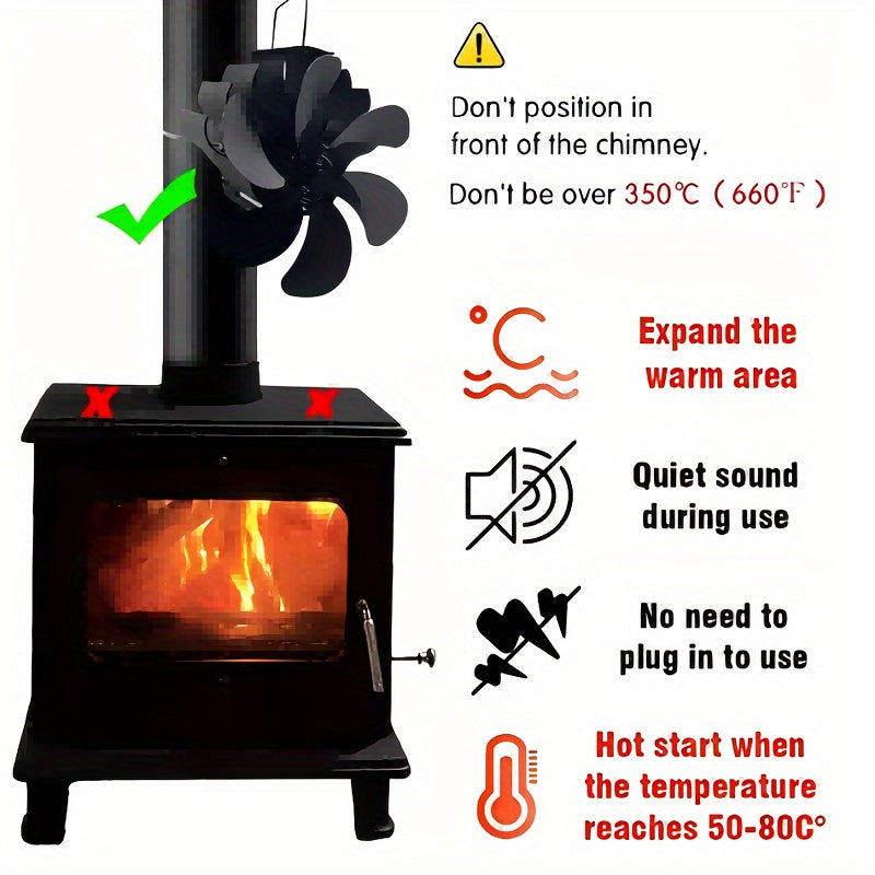 6-Blade Fireplace Fan for Wood Stoves and Chimneys Heat Circulator No Power