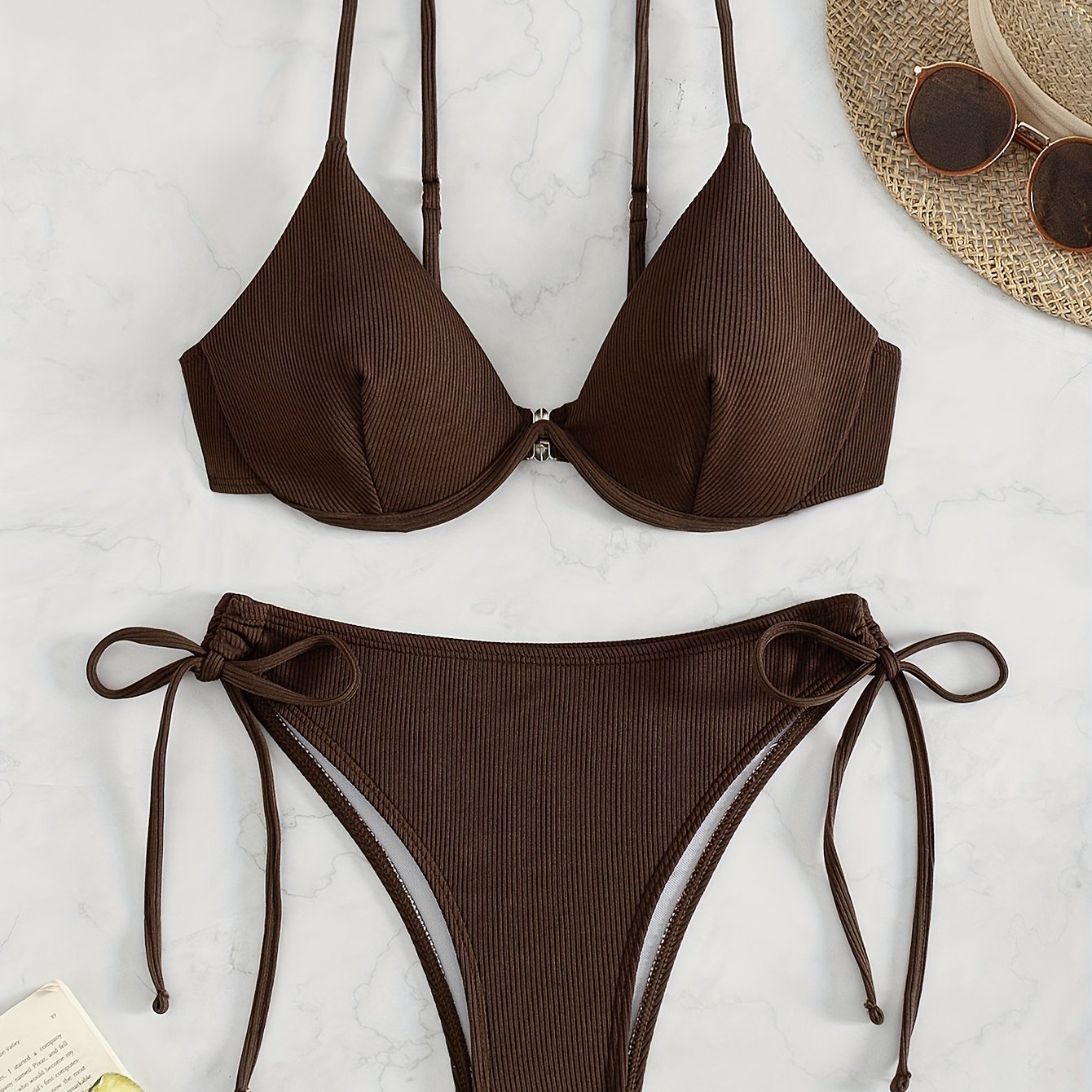 Women's Solid Color Bikini Set with Underwire Support Adjustable Straps High Stretch Swimsuit