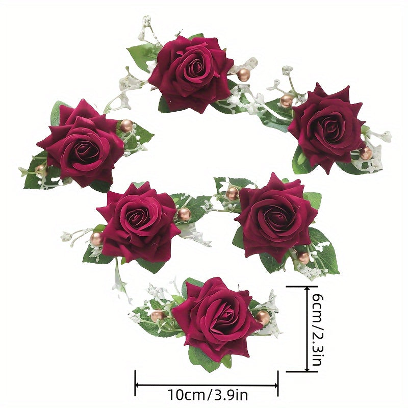 Set of 6 Boho Bridal Corsages Faux Rose Boutonnieres with Gold Pearls and Foliage for Weddings and Events
