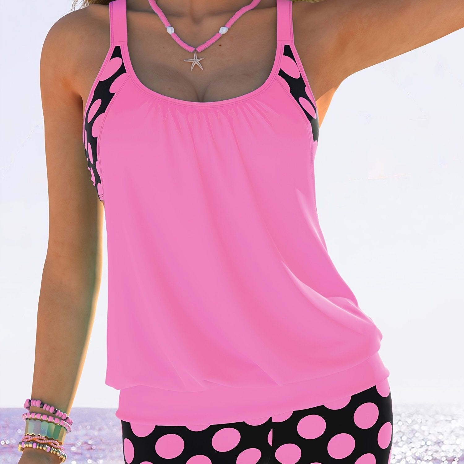 Polka Dot Tankini Set for Women High Stretch Polyester Swimsuit