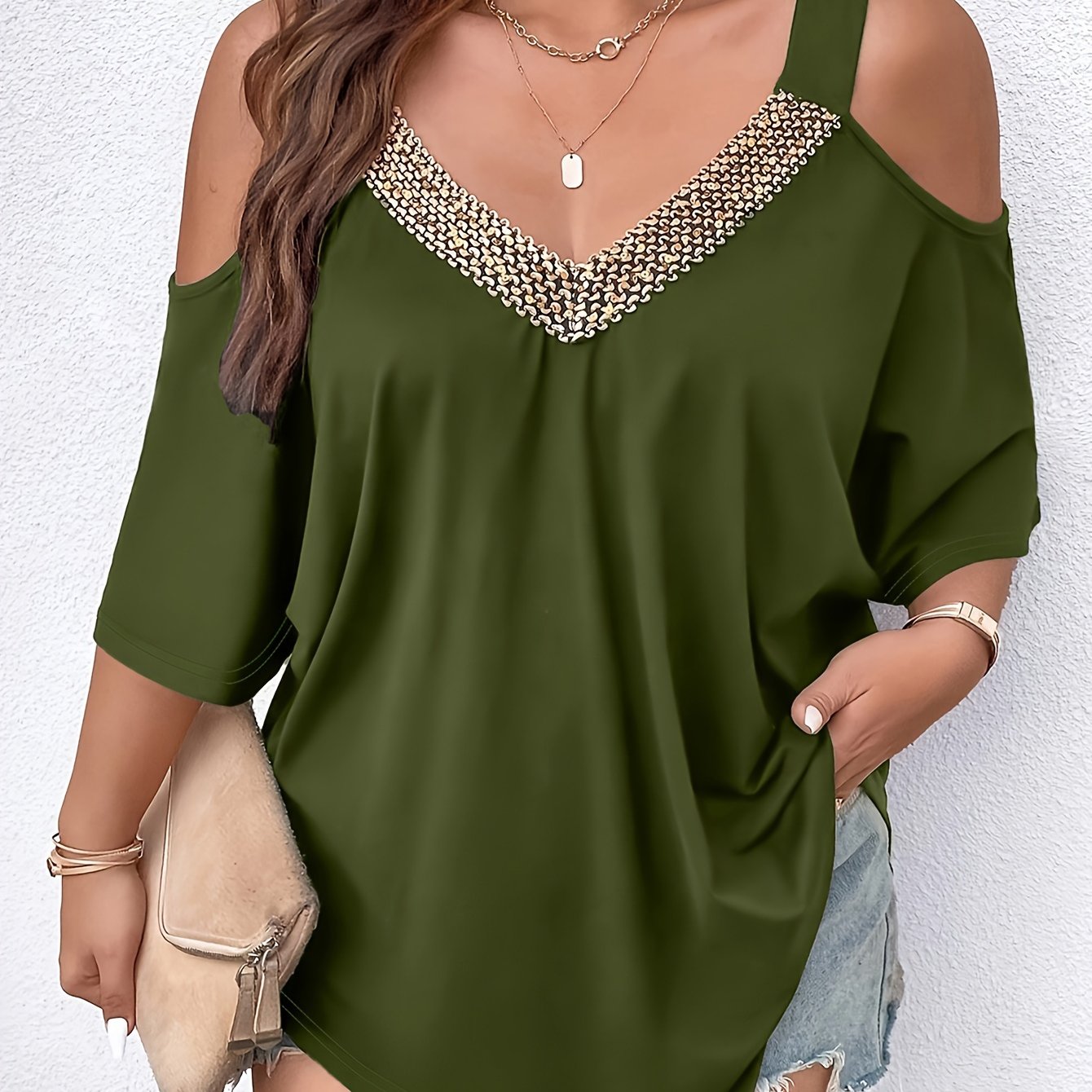 Plus Size Cold Shoulder V Neck T-Shirt Asymmetrical Hem Spring Summer Women