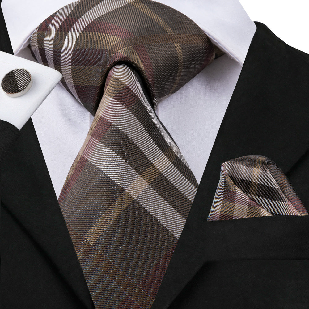 Men's Plaid Necktie Set with Hanky and Cufflinks for Weddings Business and Parties